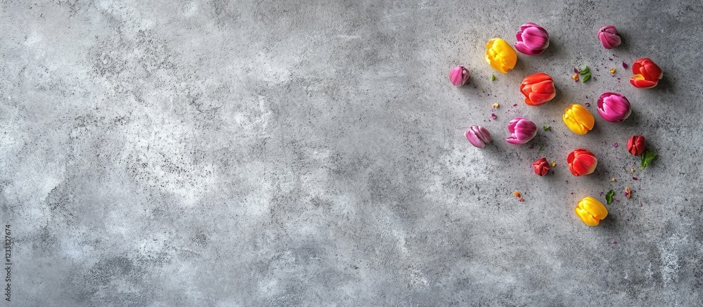 Poster colorful edible flowers arranged on a textured gray surface with copy space for text on the left sid