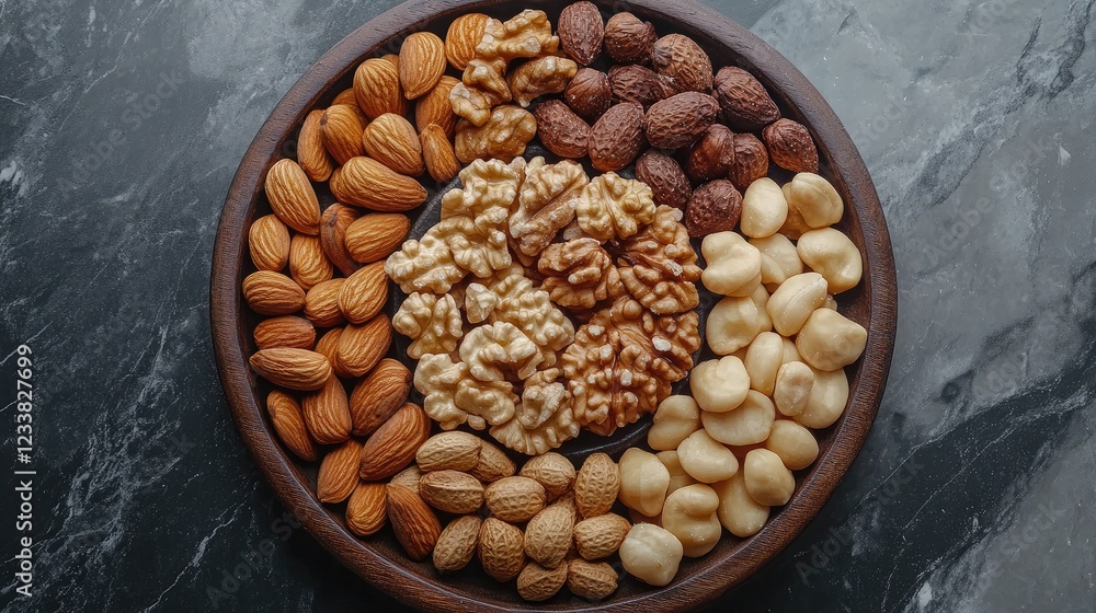 Poster assorted decorative nuts arranged in a circular pattern on a wooden plate showcasing a variety of te