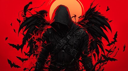 Mysterious figure in dark attire with wings and bats against a vibrant red sunset background