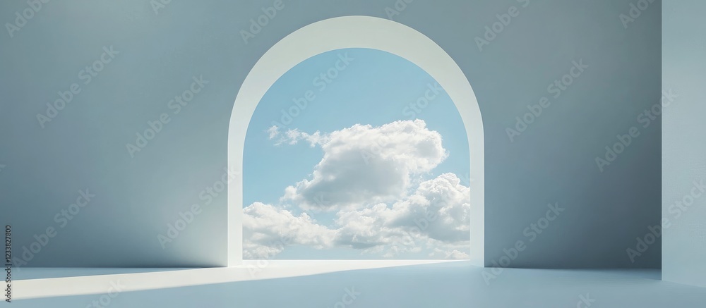 Poster minimalist stage with archway view of sunny field and clouds ideal for product display empty copyspa