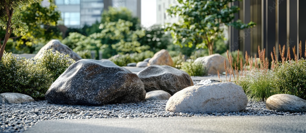 Poster natural landscape with varying sizes of rocks and pebbles surrounded by lush greenery and plants fea