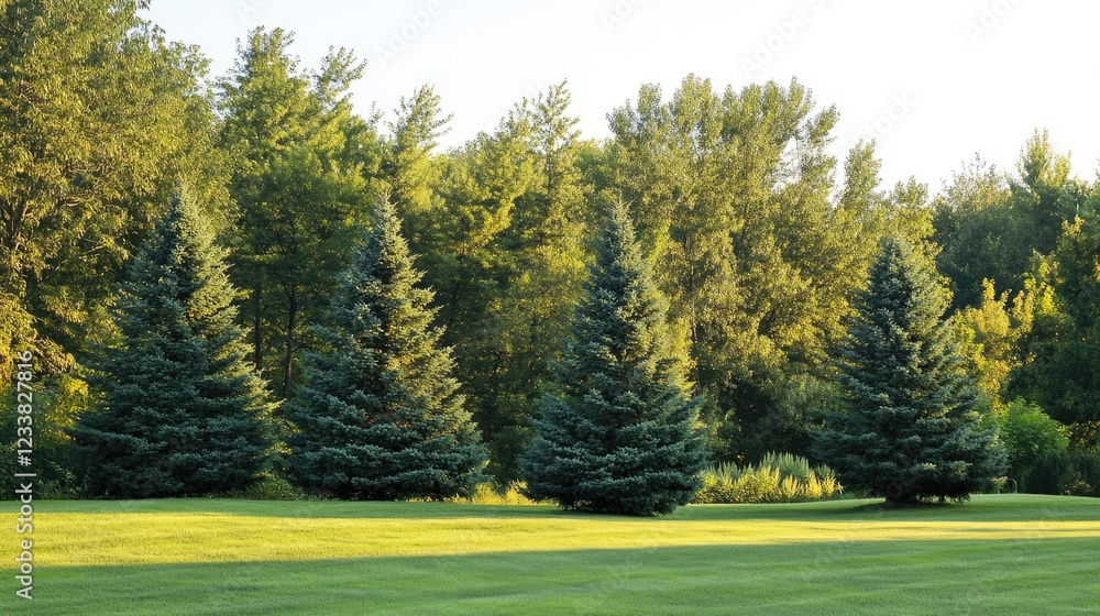 Poster lush evergreen trees in a serene landscape with expansive green foliage and clear space for text or 
