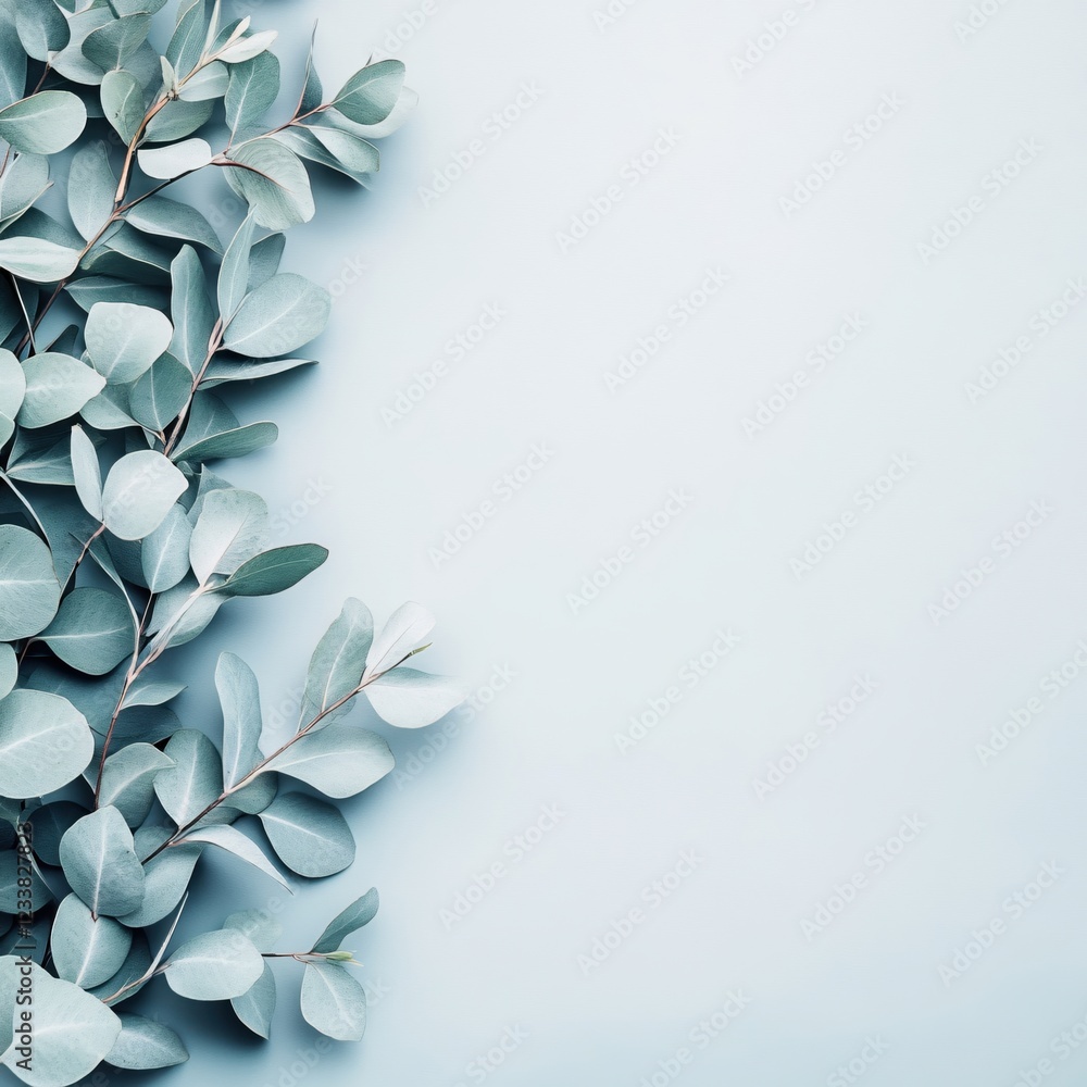 Aufkleber eucalyptus branches on light blue surface creating a botanical flat lay with copy space