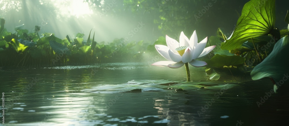 Aufkleber White lotus flower on calm water with sunlight filtering through trees and mist in a tranquil natural setting Copy Space