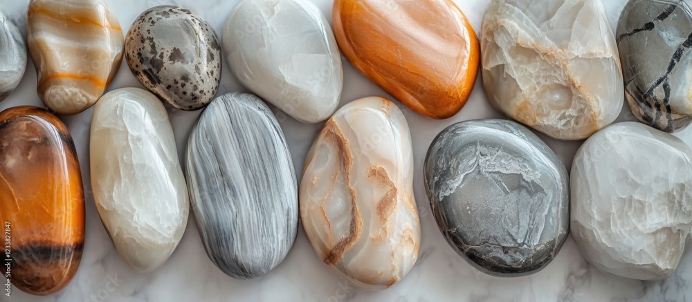 Aufkleber colorful polished stones arranged in a row on a marble background with copy space for text placement