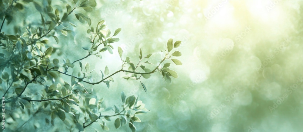 Poster green foliage with soft bokeh background and sunlight, suitable for text overlay and nature themes, 
