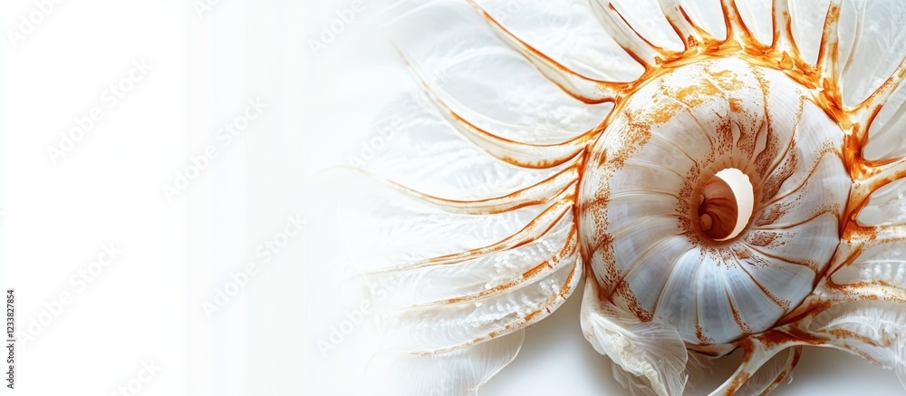 Poster Nautilus shell close-up with intricate details on a white background Copy Space
