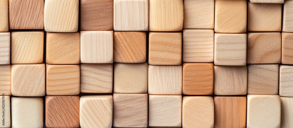 Poster Wooden blocks of various shades and shapes arranged in a grid pattern with Copy Space for text placement