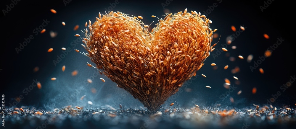 Poster Heart shaped structure made of grains and seeds with scattered particles and dark background Copy Space