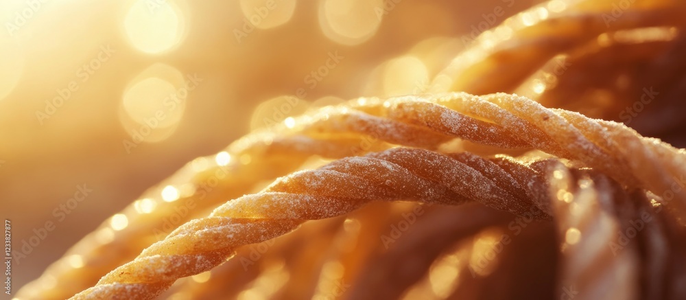 Poster Close-up of twisted natural rope strands with warm bokeh background and soft lighting Copy Space