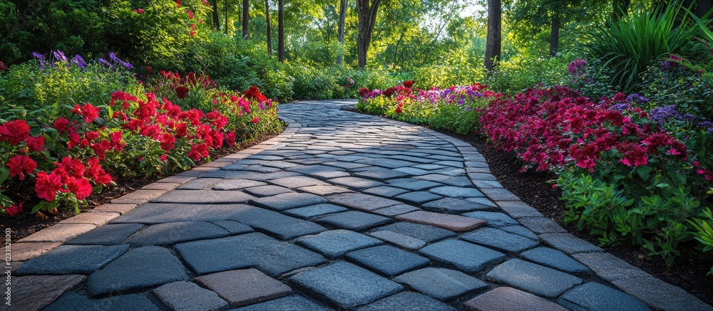 Poster paved garden path winding through lush greenery and vibrant flower beds with copy space for text.