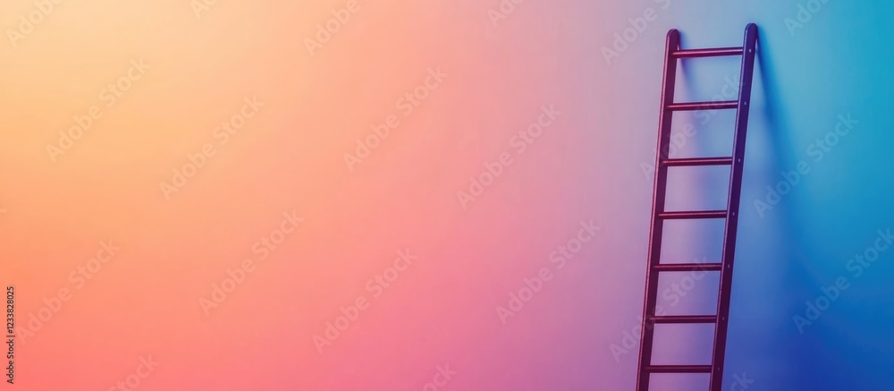 Poster colorful gradient background with a wooden ladder against a plain wall. copy space for text placemen