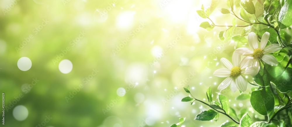 Poster abstract floral background with light green bokeh effect and delicate white flowers on branches with