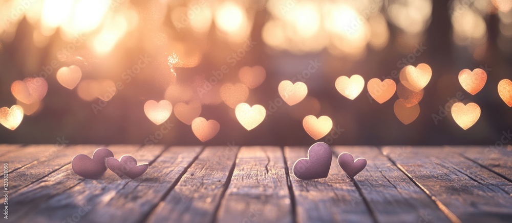 Poster soft pink hearts on a wooden table with a bokeh background of heart-shaped lights copy space