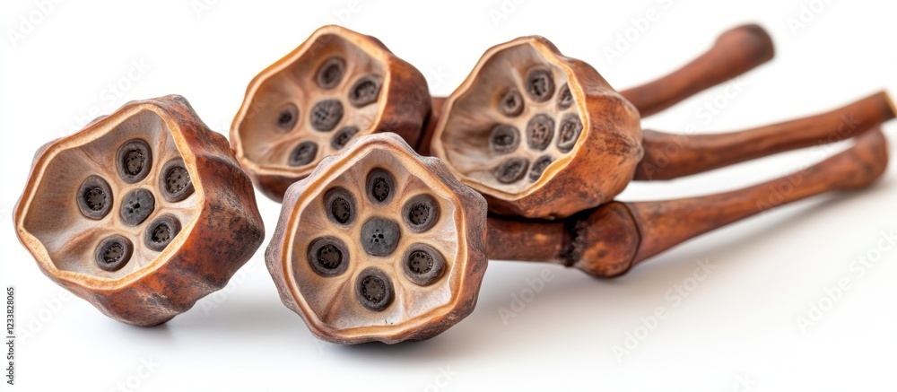 Poster Dried lotus seed pods arranged on a white background with copy space for text placement