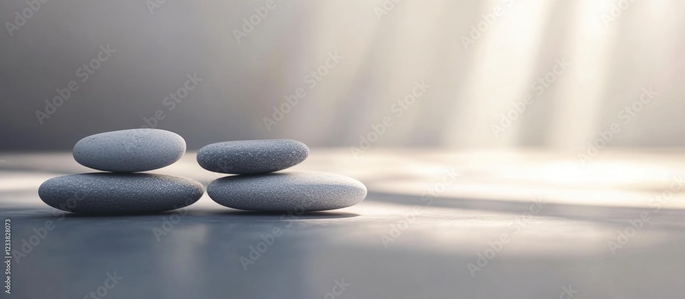 Poster three smooth white stones arranged in a balanced formation with soft light rays illuminating the sce