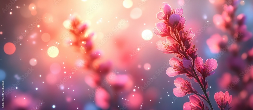 Poster Blurry background of pink flowers with bokeh lights creating a dreamy atmosphere showcasing soft colors and Copy Space for text placement