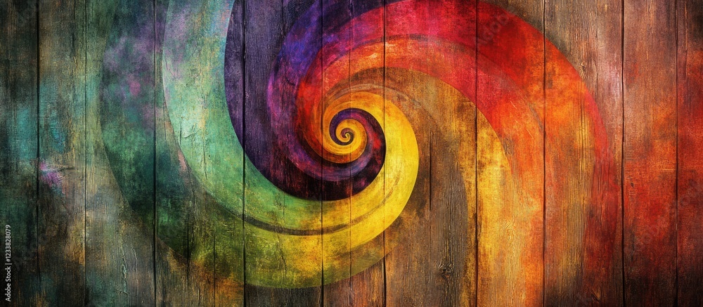 Poster colorful abstract swirl on wooden background with a blend of vibrant colors and textures, copy space
