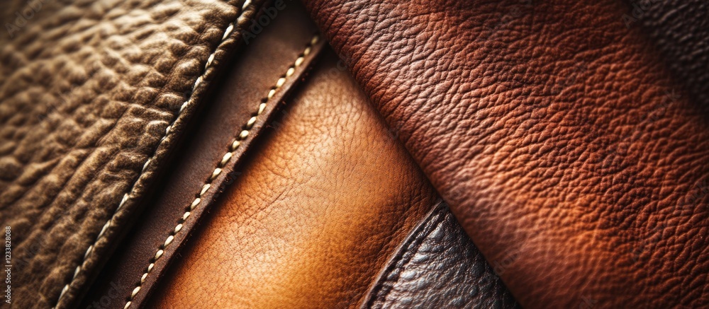 Poster close-up view of textured natural leather surfaces in various shades of brown with visible stitching