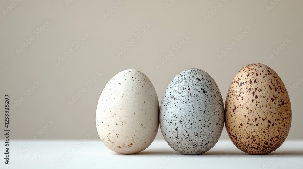 Poster three ostrich eggs in a row on neutral background with ample copyspace for text and design elements