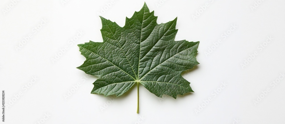 Poster Detailed close-up of a single green maple leaf on a white background with Copy Space for text placement