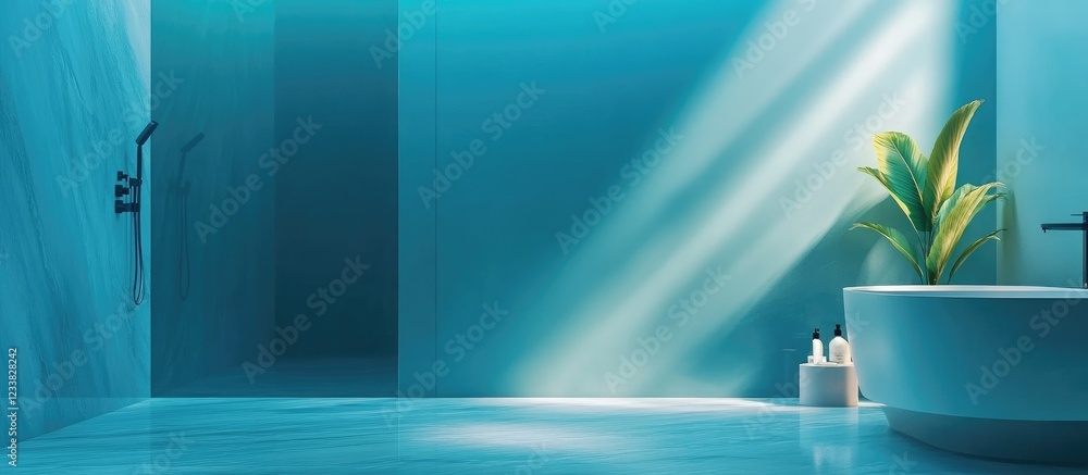 Poster stylish minimalist bathroom interior featuring cyan shower and soft daylight with empty copyspace fo
