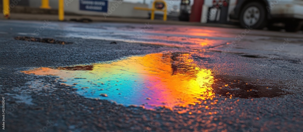 Poster Colorful reflection in rain puddle on asphalt with Copy Space for text usage