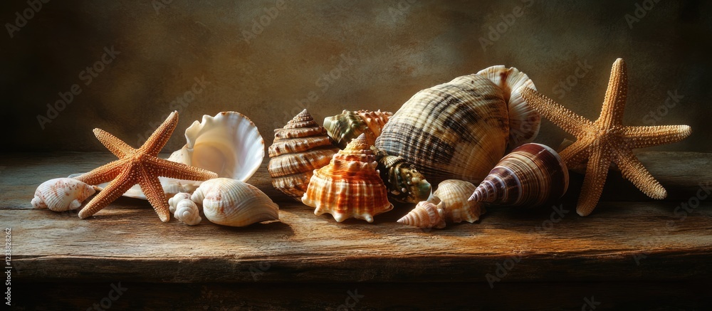 Poster colorful assortment of seashells and starfish displayed on rustic wooden surface with natural lighti