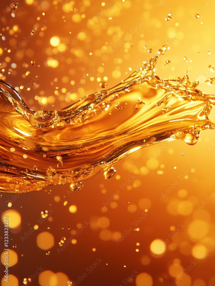 Poster golden liquid splash with bokeh effect on a warm background for product advertising or design