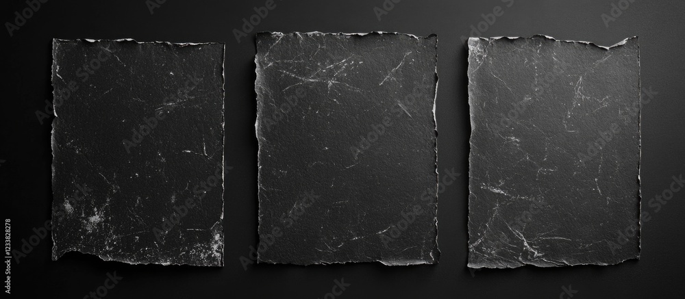 Aufkleber three rectangular pieces of textured black slate with uneven edges and slight surface imperfections 