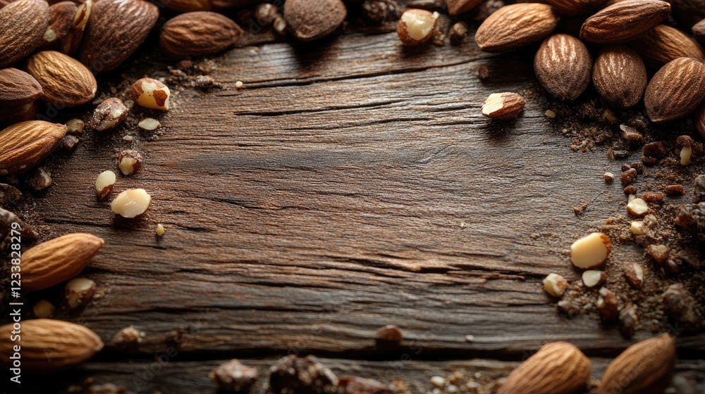 Poster almonds arranged on a rustic wooden surface creating a natural frame for food or culinary themed com