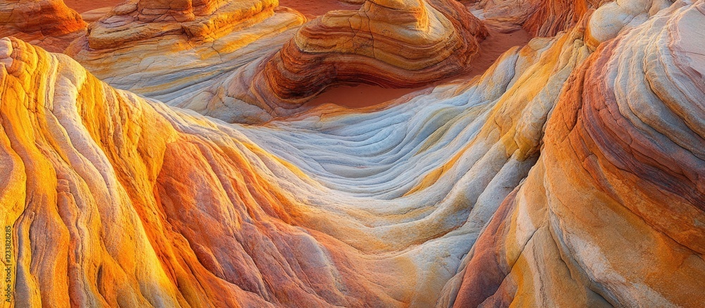 Poster Colorful layered sandstone formations in The Wave Arizona with smooth curves and intricate patterns Copy Space