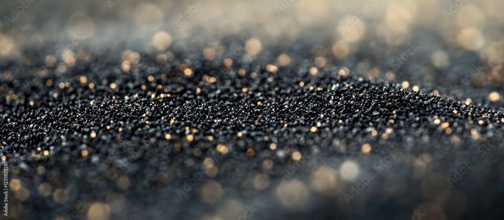 Aufkleber close-up of shimmering black sand with golden sparkles and soft bokeh, featuring copy space for text