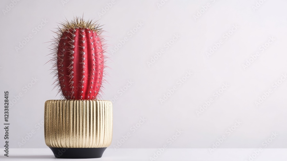 Poster tall red cactus in gold pot with black stand on neutral background ideal for botanical themes and em
