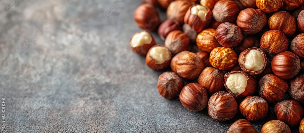 Poster Hazelnuts on textured gray background with Copy Space for text placement