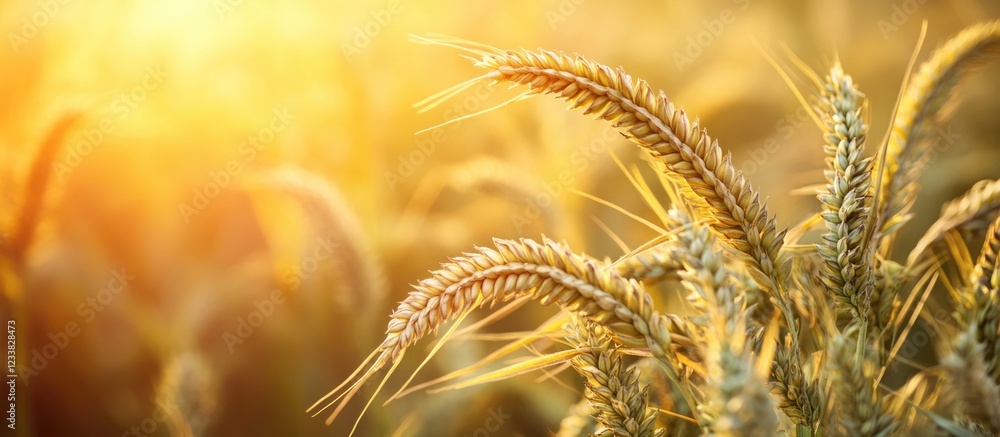 Poster wheat stalks in golden sunlight against a blurred background with copy space for text