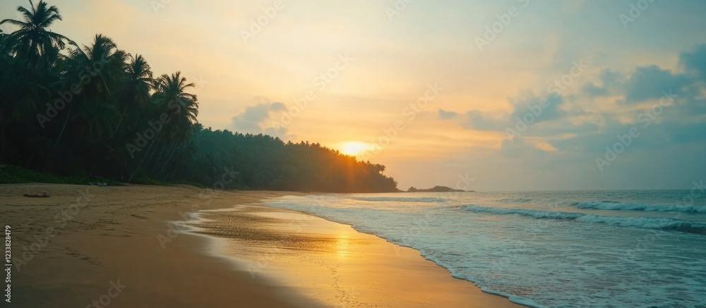 Poster sunset over tranquil beach with palm trees and gentle ocean waves copy space
