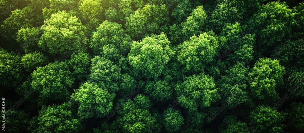 Poster aerial view of lush green forest canopy with sunlight filtering through trees copy space
