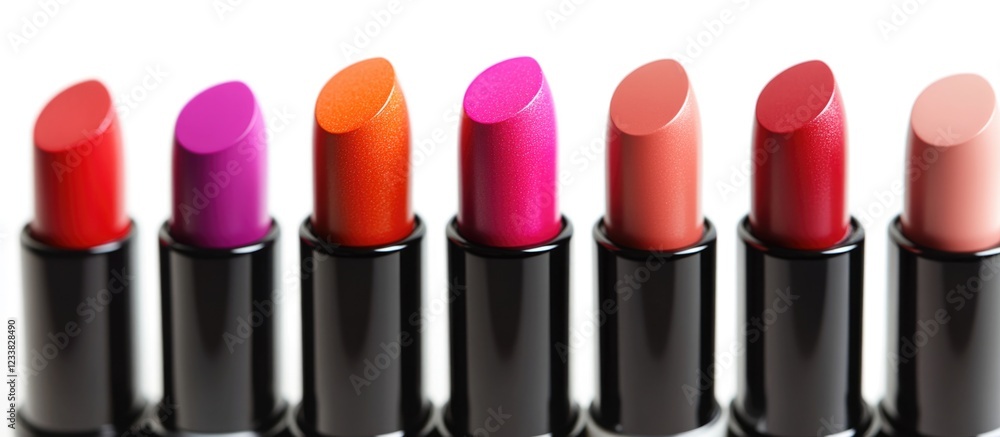 Poster Colorful array of lipsticks in various shades displayed in a row with Copy Space for text placement.