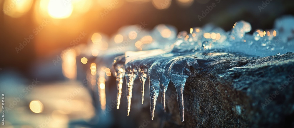 Aufkleber ice formation on a rocky surface with sunlight glimmering in the background providing a warm contras