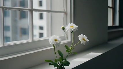Fototapeta premium flowers are sitting in a vase on a window sill by the window frame