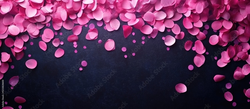 Poster pink flower petals scattered on dark background with copy space for text placement