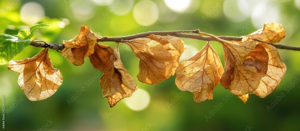 Poster dried brown leaves hanging on a branch with blurred green background and natural bokeh copy space