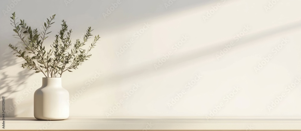 Poster minimalist interior with a white vase containing greenery on a shelf with soft shadows and neutral w