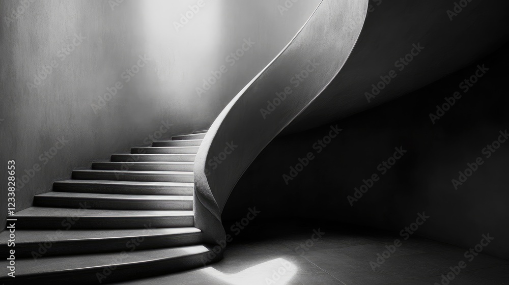 Poster curved staircase in a minimalist interior design symbolizing progress and new beginnings in monochro