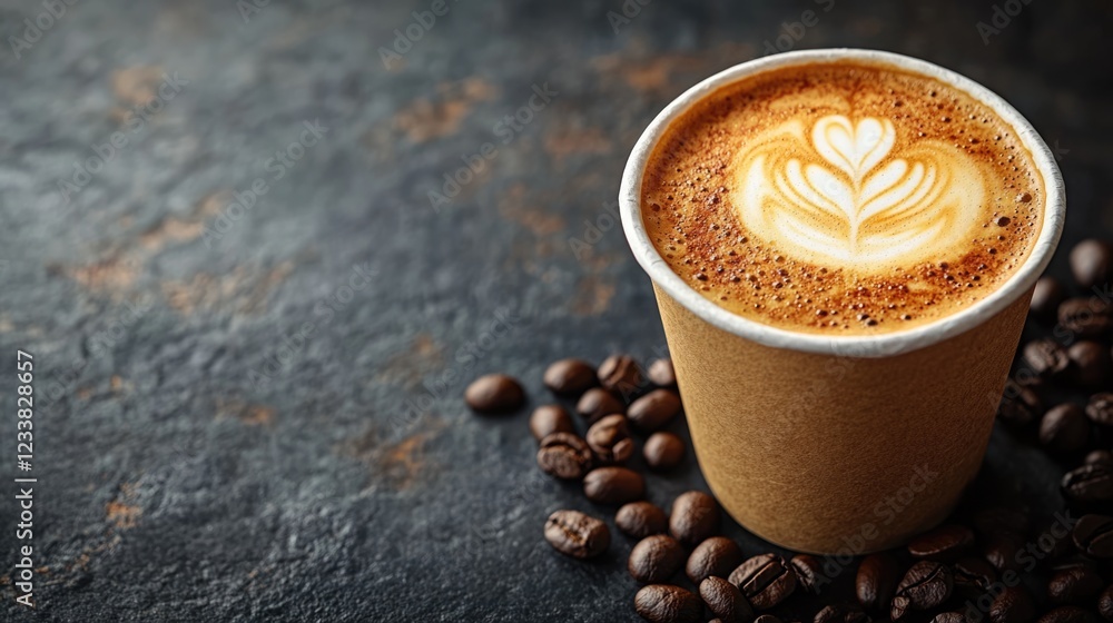 Poster top view of latte art coffee in paper cup surrounded by coffee beans on dark rustic background with 