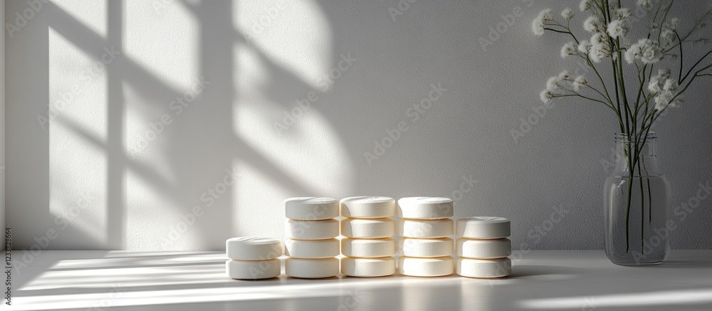 Aufkleber Cosmetic cream jars arranged on a table with soft shadows and flowers in a vase against a light-colored background Copy Space