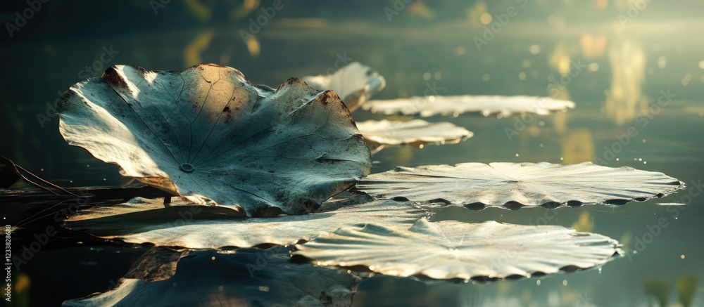 Poster Water lilies on a calm pond surface with soft lighting and reflections, Copy Space available for text placement.