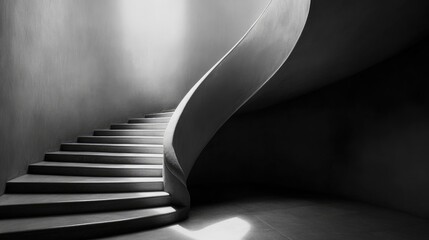 Obraz premium Curved staircase in a minimalist interior design symbolizing progress and new beginnings in monochrome tones.