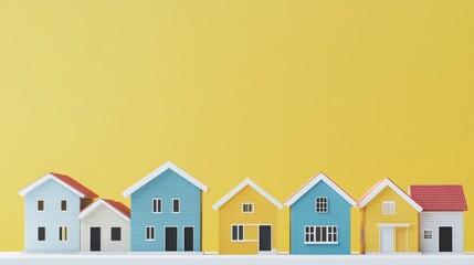 Charming model houses placed on a white surface against a bright yellow minimal background, featuring ample copy space for text.